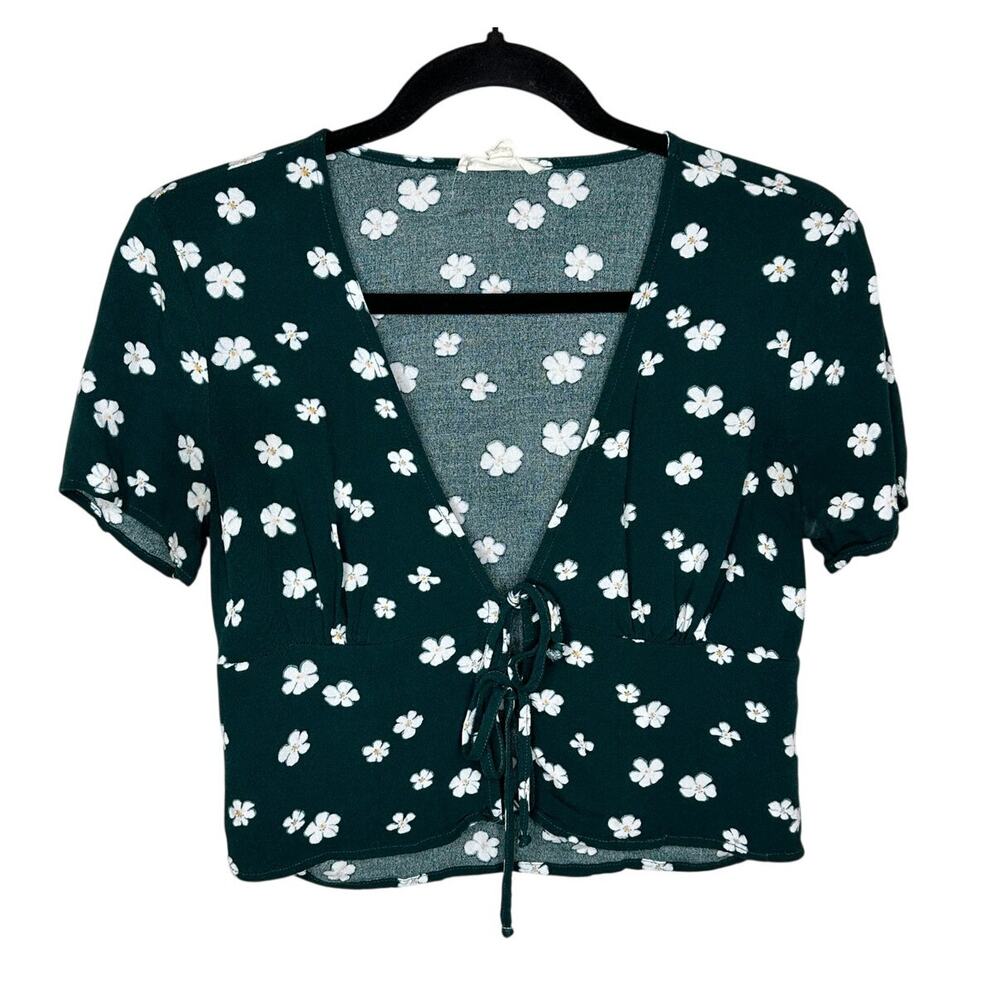 LA Hearts‎ Green White Floral Cropped Top V-Neck Tie Front Short Sleeve XS Boho